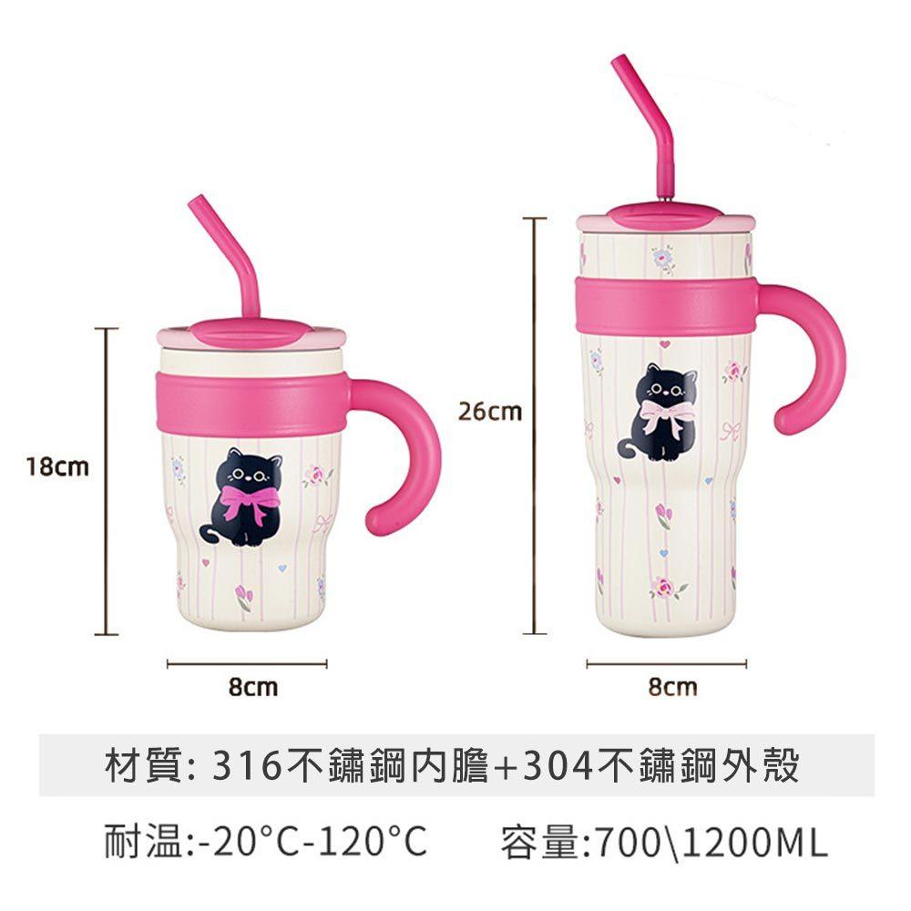 AHUA阿華有事嗎 可愛黑貓吸管保溫不鏽鋼手柄杯 F0056 生活百貨 吸管水杯 保溫杯-細節圖5