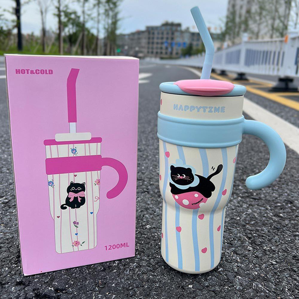 AHUA阿華有事嗎 可愛黑貓吸管保溫不鏽鋼手柄杯 F0056 生活百貨 吸管水杯 保溫杯-細節圖6