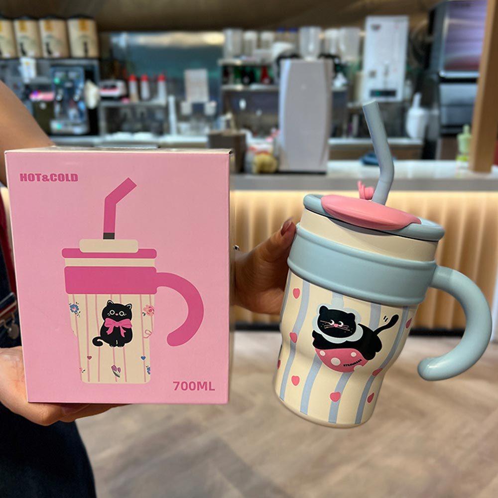 AHUA阿華有事嗎 可愛黑貓吸管保溫不鏽鋼手柄杯 F0056 生活百貨 吸管水杯 保溫杯-細節圖7