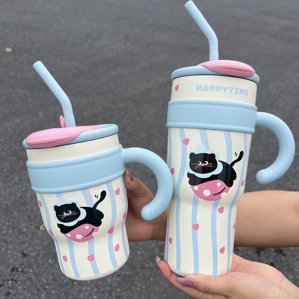 AHUA阿華有事嗎 可愛黑貓吸管保溫不鏽鋼手柄杯 F0056 生活百貨 吸管水杯 保溫杯-細節圖8