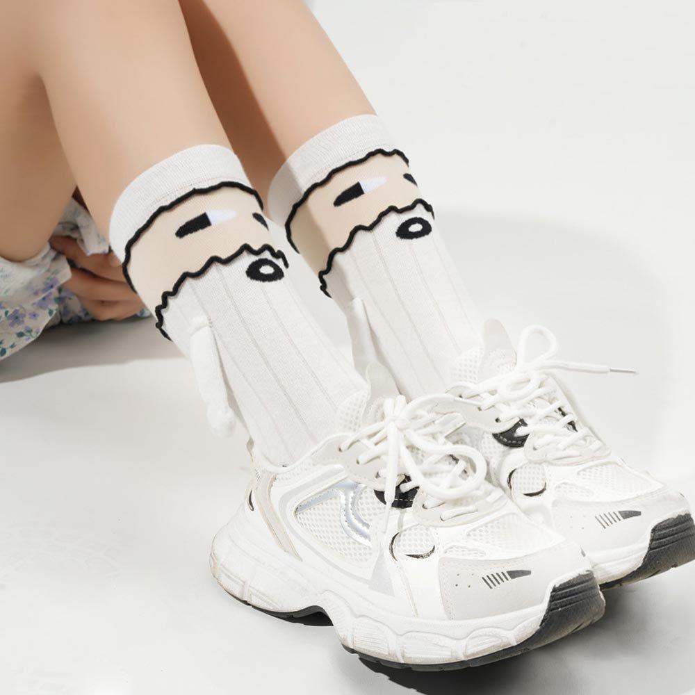 AHUA 阿華有事嗎 拼接捲邊斜眼圓嘴磁吸牽手中筒襪 S0538 韓系襪子 百搭純棉襪 韓妞必備 牽手襪 磁吸襪-細節圖4