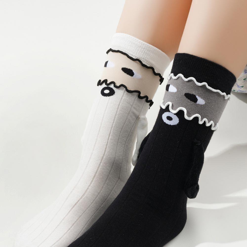 AHUA 阿華有事嗎 拼接捲邊斜眼圓嘴磁吸牽手中筒襪 S0538 韓系襪子 百搭純棉襪 韓妞必備 牽手襪 磁吸襪-細節圖6