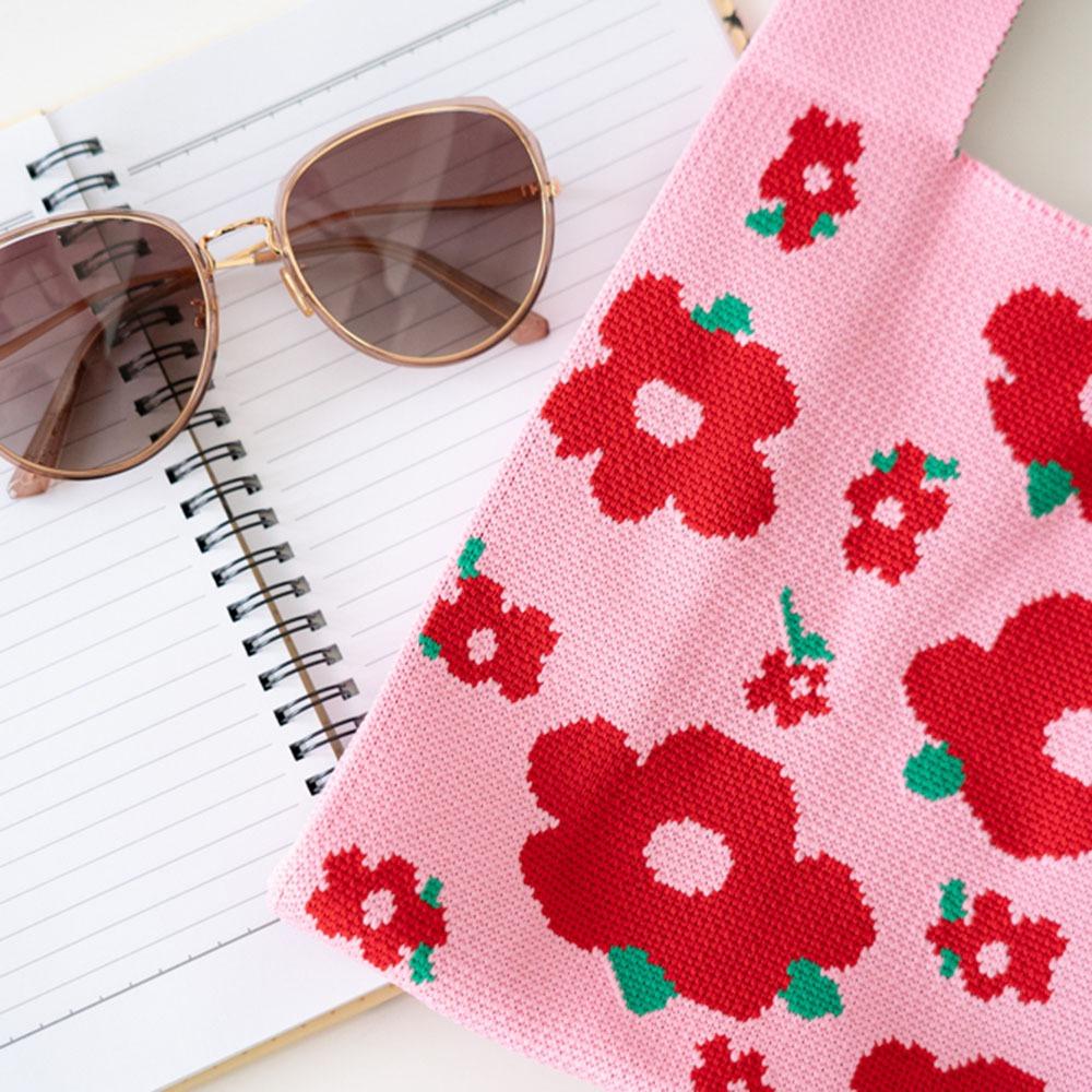 AHUA阿華有事嗎 韓系包包  滿版五瓣紅花針織手提包 B0074 韓妞必備包 百搭配件 包包 袋子 手袋 肩包 日系-細節圖5