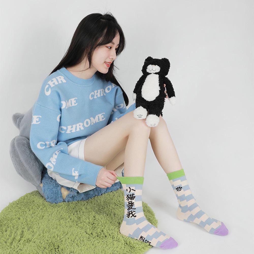 AHUA阿華有事嗎 日系襪子  貓貓狗狗愛我文字中長筒襪 S0478 韓妞必備 百搭純棉襪  韓系 日系 可愛-細節圖5