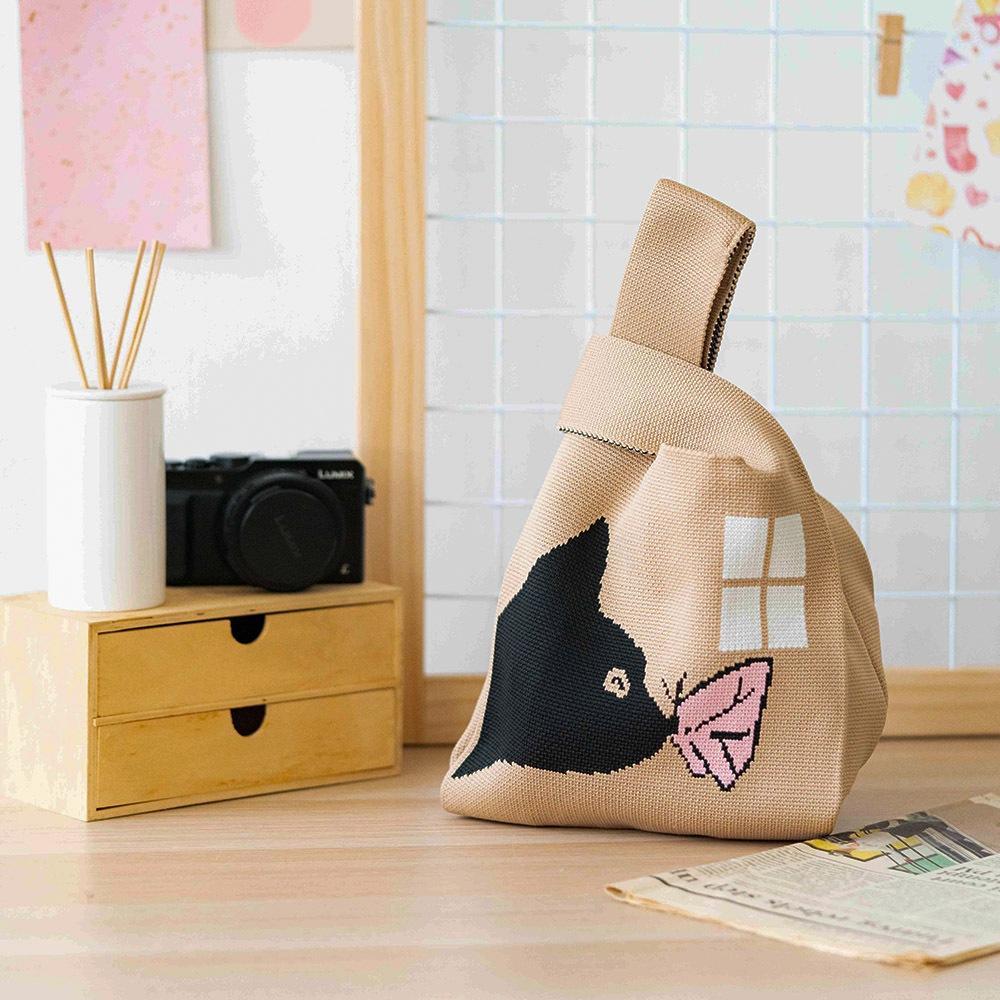 AHUA阿華有事嗎 韓系包包 貓咪蝴蝶親親針織手提包  B0087 韓妞必備包 百搭配件 包包 袋子 手袋 肩包 日系-細節圖2