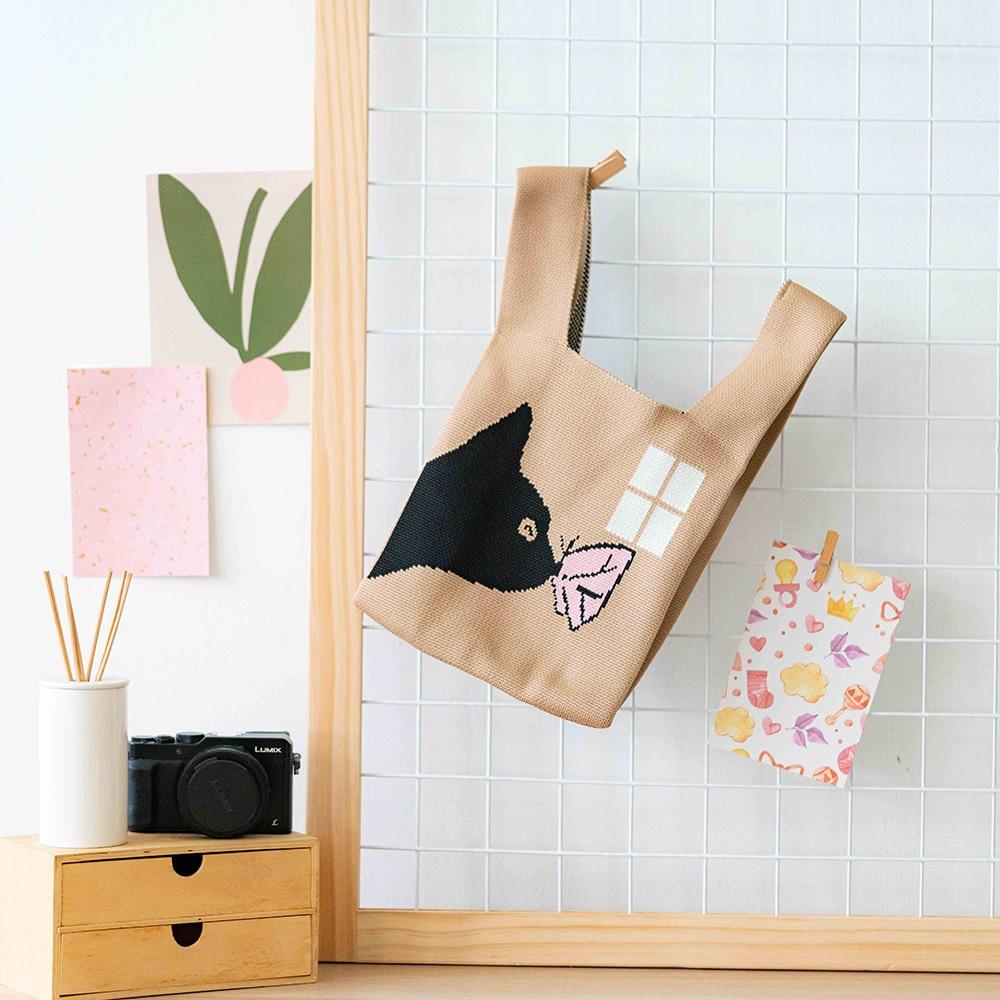 AHUA阿華有事嗎 韓系包包 貓咪蝴蝶親親針織手提包  B0087 韓妞必備包 百搭配件 包包 袋子 手袋 肩包 日系-細節圖6