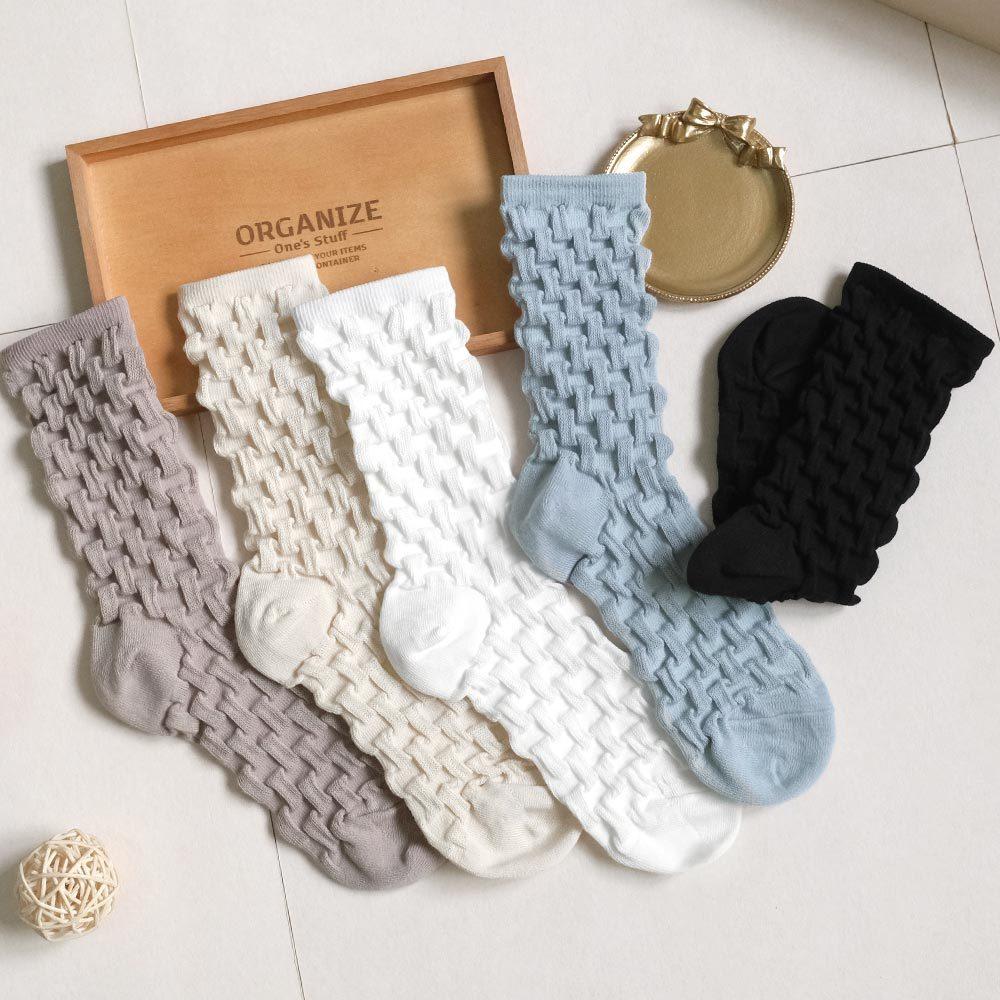 AHUA阿華有事嗎 滿版純色立浮雕格子中筒襪 K2199 正韓襪子 百搭純棉襪 韓妞必備 少女襪-細節圖3