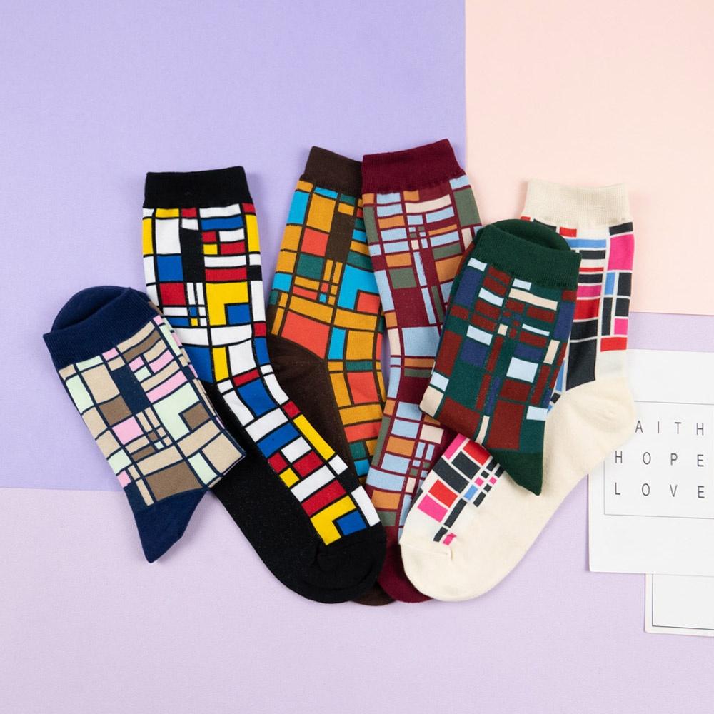 AHUA阿華有事嗎 韓國襪子 蒙德里安彩色幾何中筒襪 【K1481】少女襪 韓妞必備中筒襪 百搭純棉襪-細節圖3