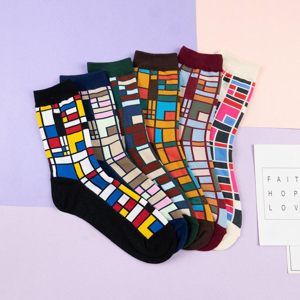 AHUA阿華有事嗎 韓國襪子 蒙德里安彩色幾何中筒襪 【K1481】少女襪 韓妞必備中筒襪 百搭純棉襪-細節圖4