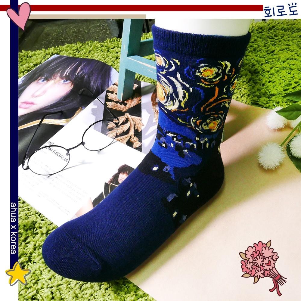 AHUA阿華有事嗎  韓國襪子 名畫系列圖案中筒襪 K0064 正韓熱賣少女襪 韓妞必備長襪 百搭純棉襪 韓系穿搭-細節圖6