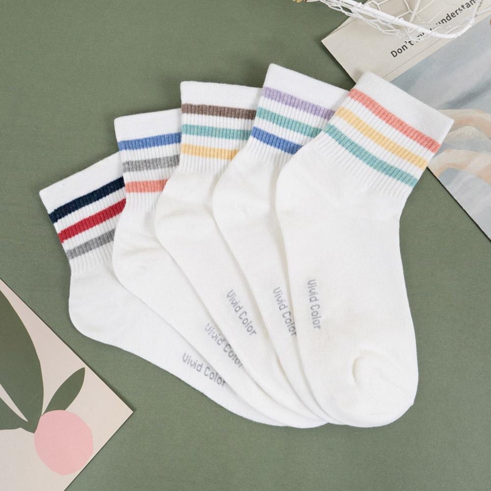 AHUA 韓國襪子 粉嫩糖果三條紋中筒襪【現貨】女襪 女生襪子 條紋襪 襪子推薦 韓國襪 純棉襪 K0108 阿華有事嗎-細節圖3