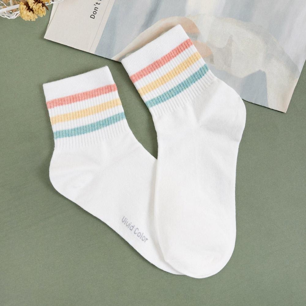 AHUA 韓國襪子 粉嫩糖果三條紋中筒襪【現貨】女襪 女生襪子 條紋襪 襪子推薦 韓國襪 純棉襪 K0108 阿華有事嗎-細節圖7