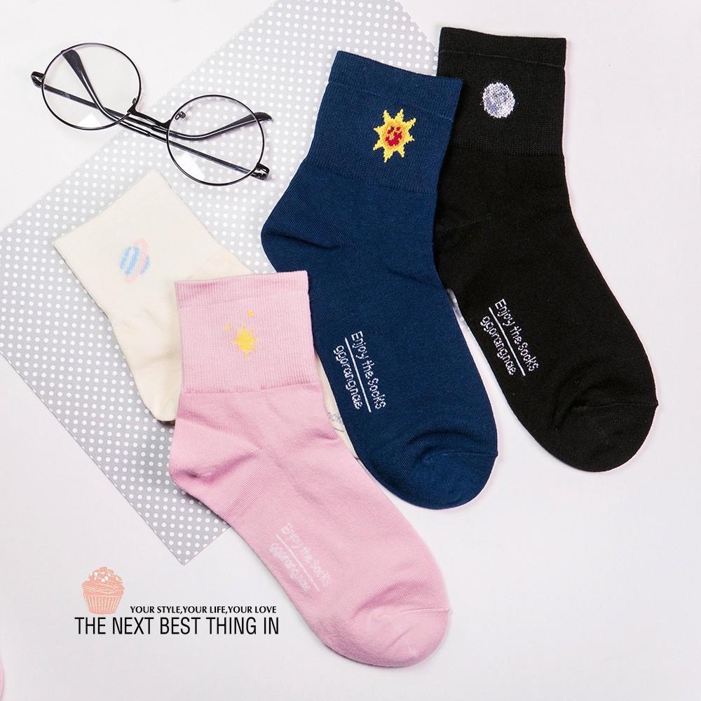 AHUA阿華有事嗎  韓國襪子 卡通行星圖案反摺中筒襪 AB襪 K0205 正韓少女襪 韓妞必備長襪 韓系百搭-細節圖4