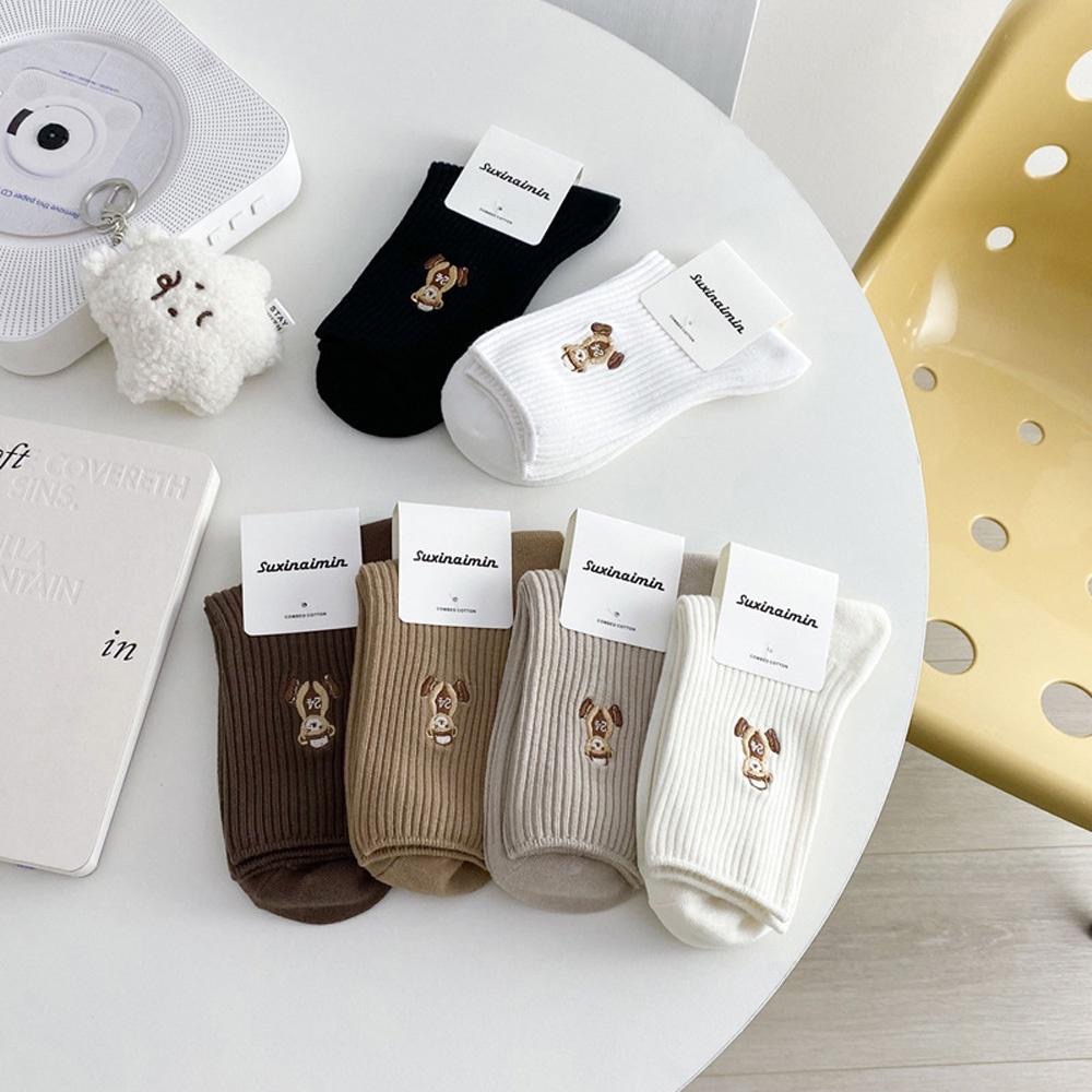 AUHA 日系襪子 戴帽子小熊刺繡坑條中筒襪 女襪 襪子推薦 熊熊襪子 S0425  中筒純棉襪 阿華有事嗎-細節圖3