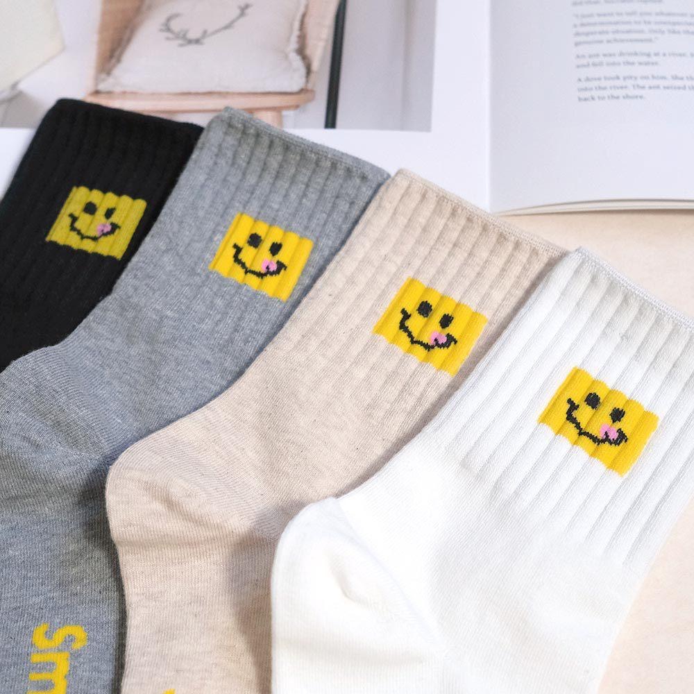 AHUA 阿華有事嗎 黃色吐舌微笑方塊中筒襪 K2306 正韓襪子 百搭純棉襪 韓妞必備 少女襪-細節圖3
