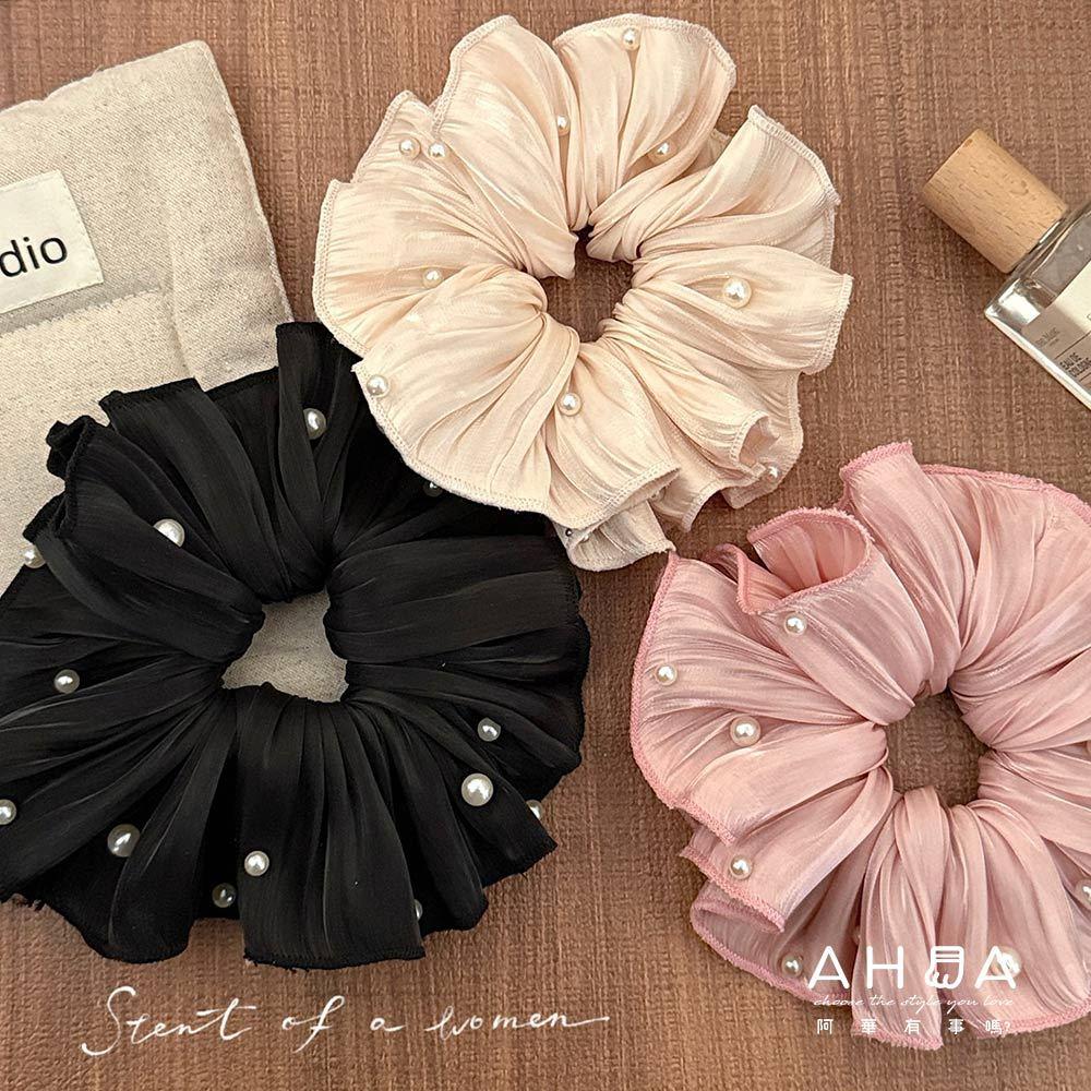 AHUA 阿華有事嗎 珍珠流光紗緞面髮圈E0127 韓系女裝配件清新 百搭 韓風 大腸圈 髮飾 頭飾 時尚 基本款-細節圖2
