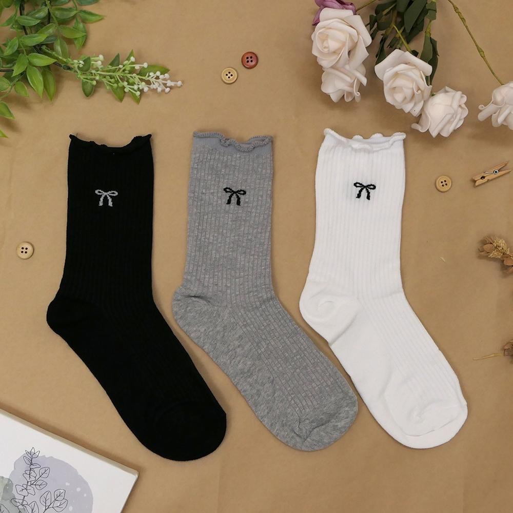 AHUA 阿華有事嗎 直坑條純色蝴蝶結木耳捲邊中筒襪 K2327 正韓襪子 百搭純棉襪 韓妞必備 少女襪-細節圖3