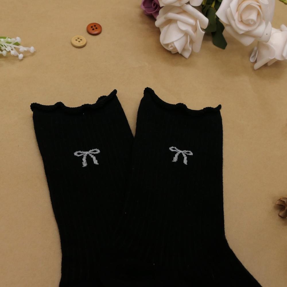 AHUA 阿華有事嗎 直坑條純色蝴蝶結木耳捲邊中筒襪 K2327 正韓襪子 百搭純棉襪 韓妞必備 少女襪-細節圖7