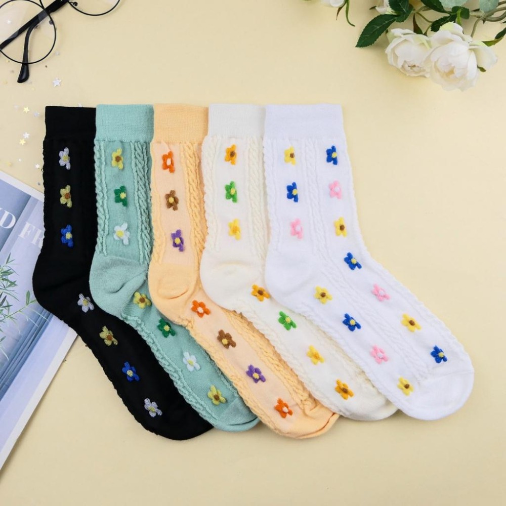 AHUA 阿華有事嗎 立體針織直條三色小花中筒襪 K2334 正韓襪子 百搭純棉襪 韓系必備 少女襪-細節圖3