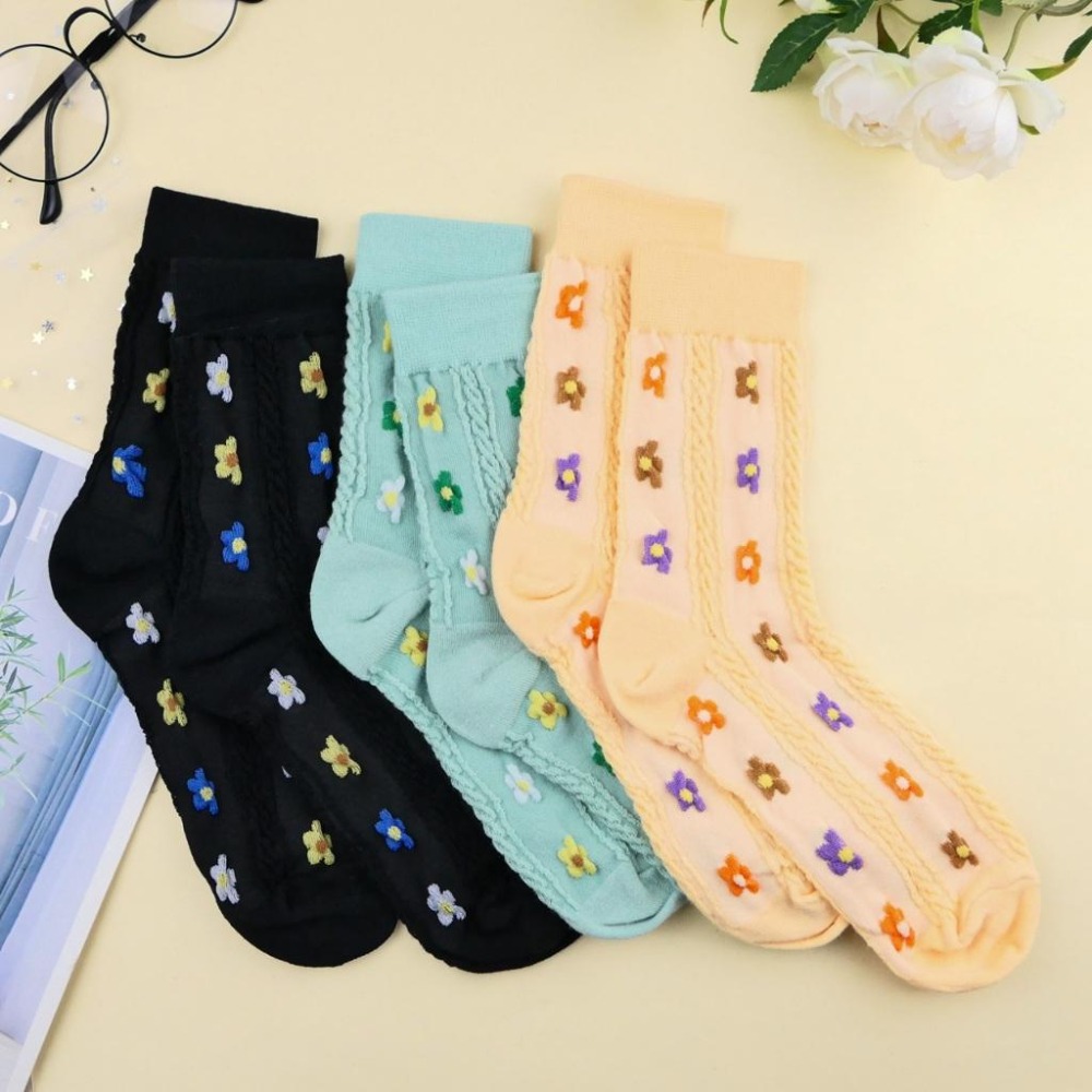 AHUA 阿華有事嗎 立體針織直條三色小花中筒襪 K2334 正韓襪子 百搭純棉襪 韓系必備 少女襪-細節圖4