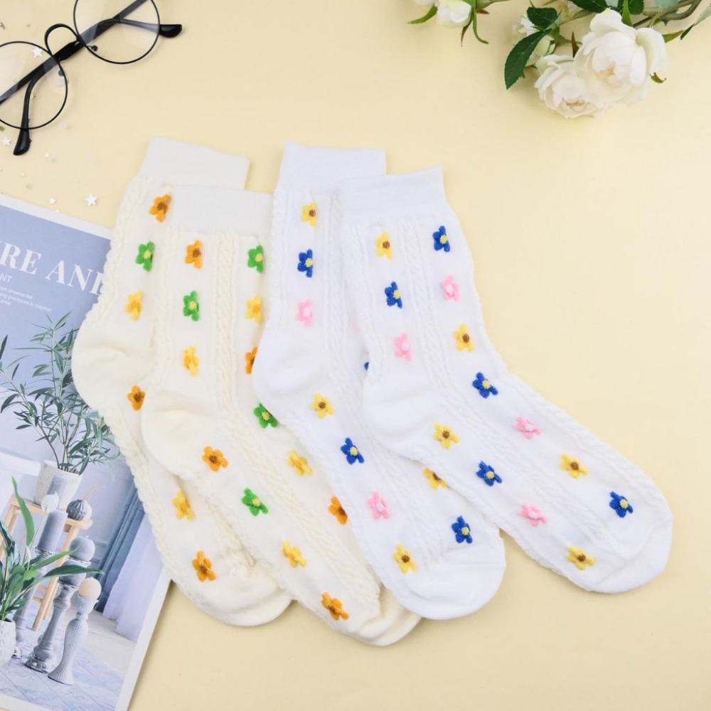 AHUA 阿華有事嗎 立體針織直條三色小花中筒襪 K2334 正韓襪子 百搭純棉襪 韓系必備 少女襪-細節圖5