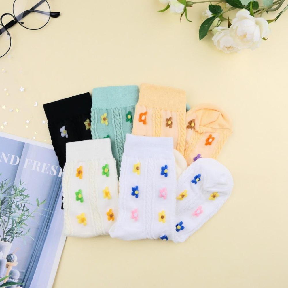 AHUA 阿華有事嗎 立體針織直條三色小花中筒襪 K2334 正韓襪子 百搭純棉襪 韓系必備 少女襪-細節圖6