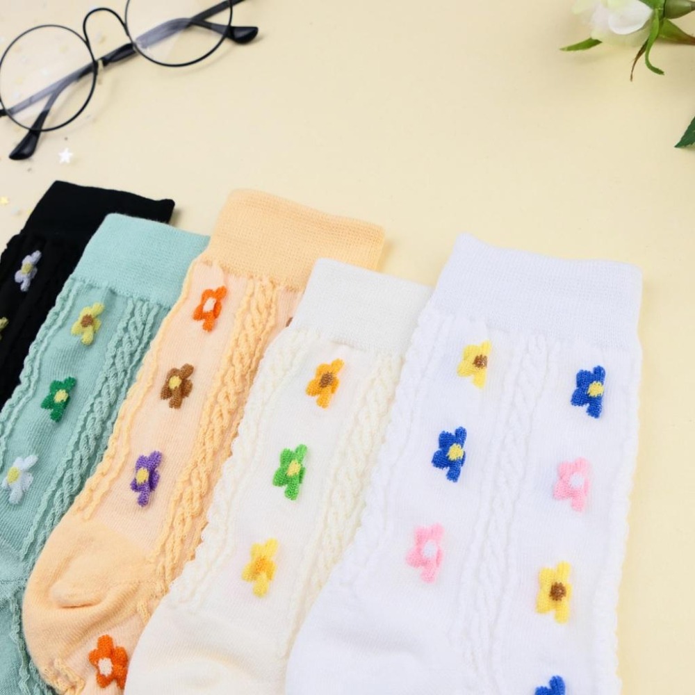 AHUA 阿華有事嗎 立體針織直條三色小花中筒襪 K2334 正韓襪子 百搭純棉襪 韓系必備 少女襪-細節圖7