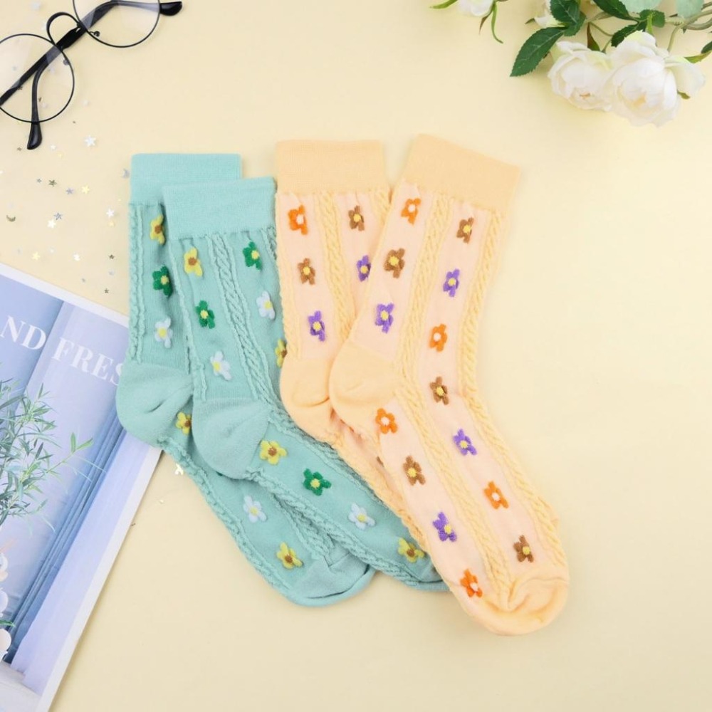 AHUA 阿華有事嗎 立體針織直條三色小花中筒襪 K2334 正韓襪子 百搭純棉襪 韓系必備 少女襪-細節圖8