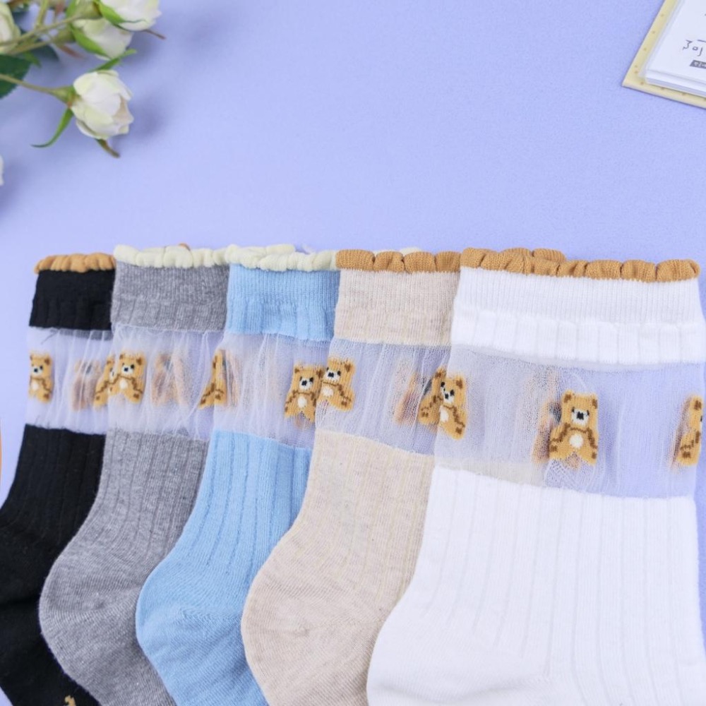 AHUA 阿華有事嗎 花邊襪口透膚可愛小熊中筒襪 K2341 正韓襪子 百搭純棉襪 韓系必備 少女襪-細節圖3