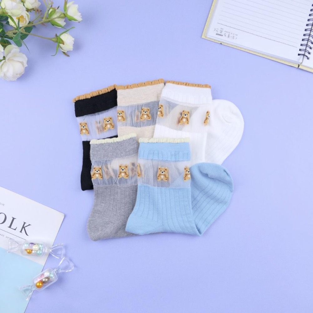 AHUA 阿華有事嗎 花邊襪口透膚可愛小熊中筒襪 K2341 正韓襪子 百搭純棉襪 韓系必備 少女襪-細節圖4