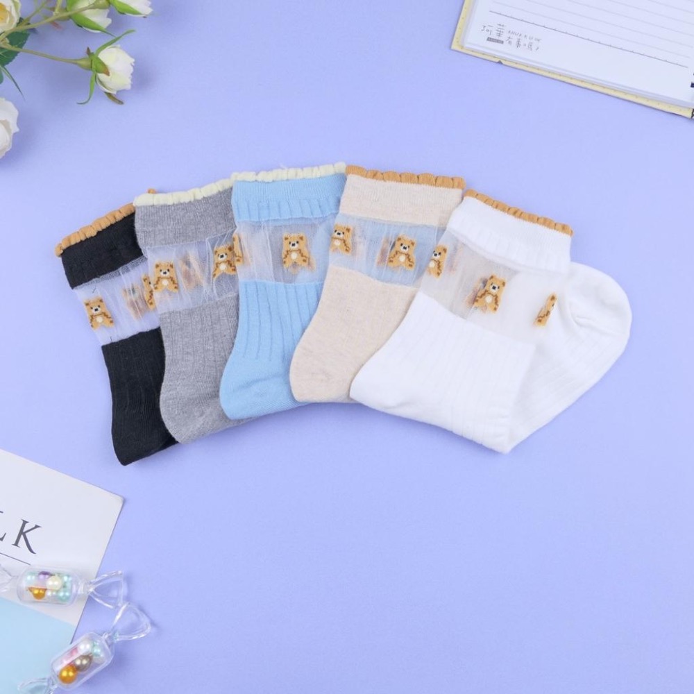 AHUA 阿華有事嗎 花邊襪口透膚可愛小熊中筒襪 K2341 正韓襪子 百搭純棉襪 韓系必備 少女襪-細節圖5