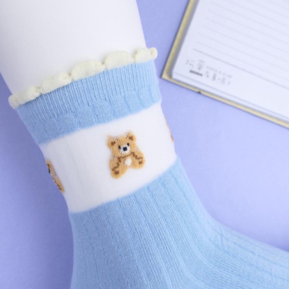 AHUA 阿華有事嗎 花邊襪口透膚可愛小熊中筒襪 K2341 正韓襪子 百搭純棉襪 韓系必備 少女襪-細節圖8