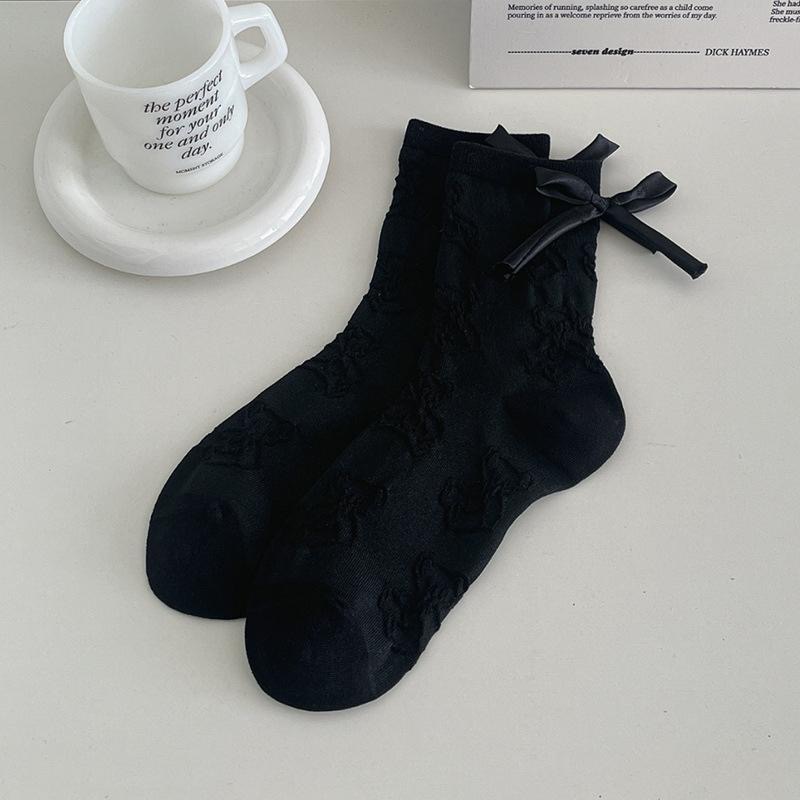 AHUA 阿華有事嗎 立體紋路熊熊緞帶蝴蝶結中筒襪 S0552 百搭純棉襪 韓系必備 少女襪-細節圖3