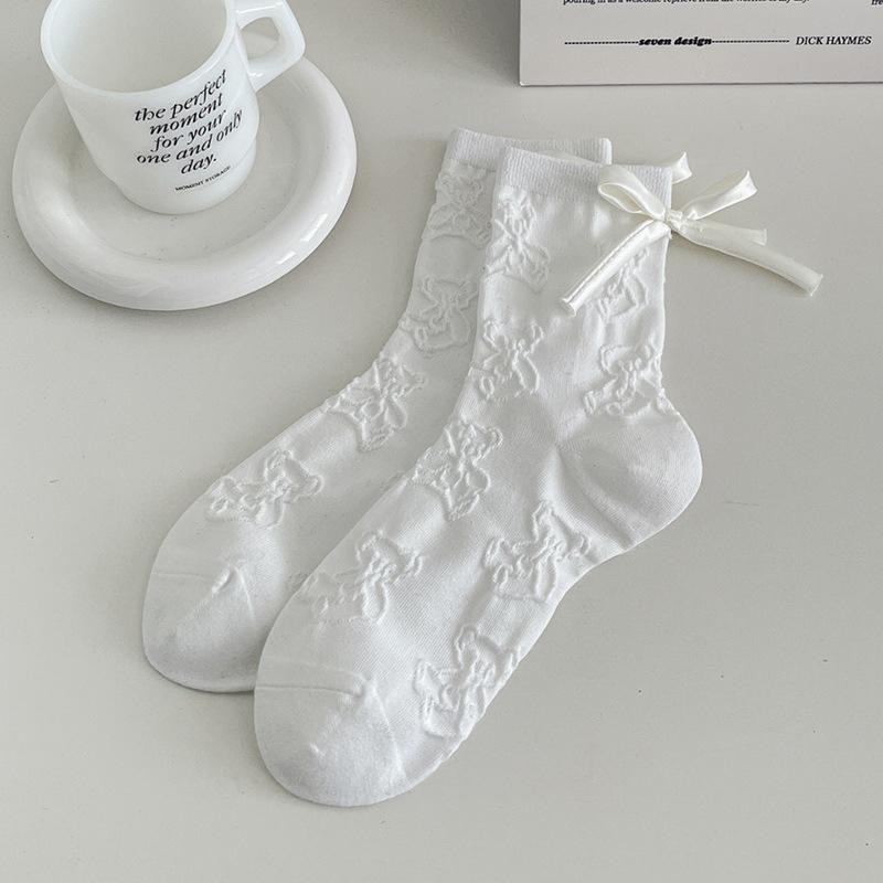 AHUA 阿華有事嗎 立體紋路熊熊緞帶蝴蝶結中筒襪 S0552 百搭純棉襪 韓系必備 少女襪-細節圖4