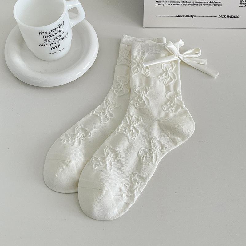 AHUA 阿華有事嗎 立體紋路熊熊緞帶蝴蝶結中筒襪 S0552 百搭純棉襪 韓系必備 少女襪-細節圖5