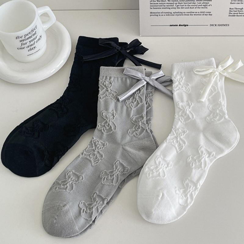 AHUA 阿華有事嗎 立體紋路熊熊緞帶蝴蝶結中筒襪 S0552 百搭純棉襪 韓系必備 少女襪-細節圖7