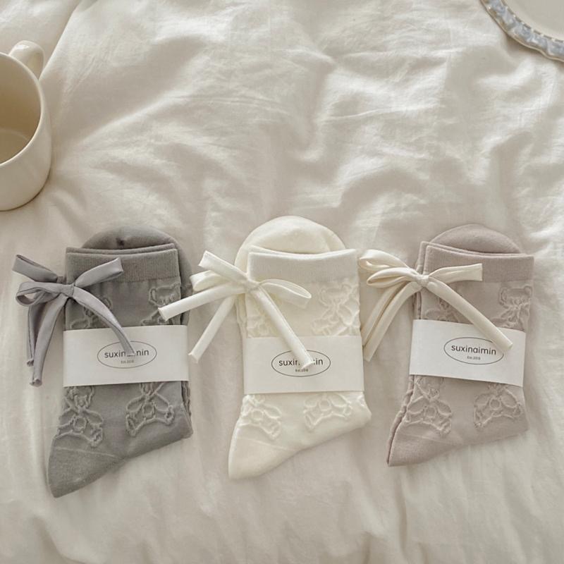 AHUA 阿華有事嗎 立體紋路熊熊緞帶蝴蝶結中筒襪 S0552 百搭純棉襪 韓系必備 少女襪-細節圖8