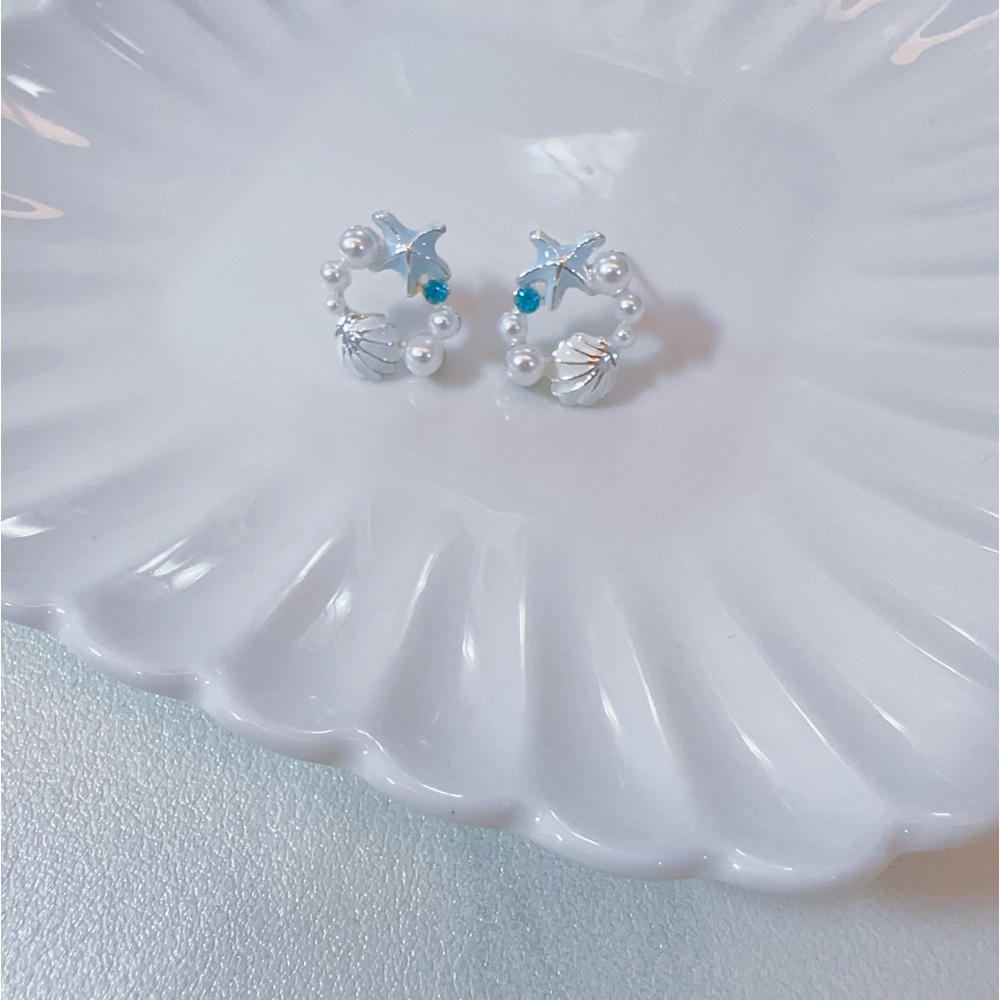 𝐇𝐚𝐧𝐚𝐛𝐢 𝐀𝐜𝐜 ♡現貨♡夏日藍色珍珠貝殼耳環 耳夾款 S925銀針-細節圖4