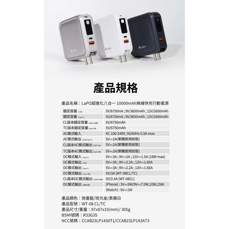 LaPO 3代超進化八合一 10000mAh 無線快充行動電源 WT-08-細節圖3