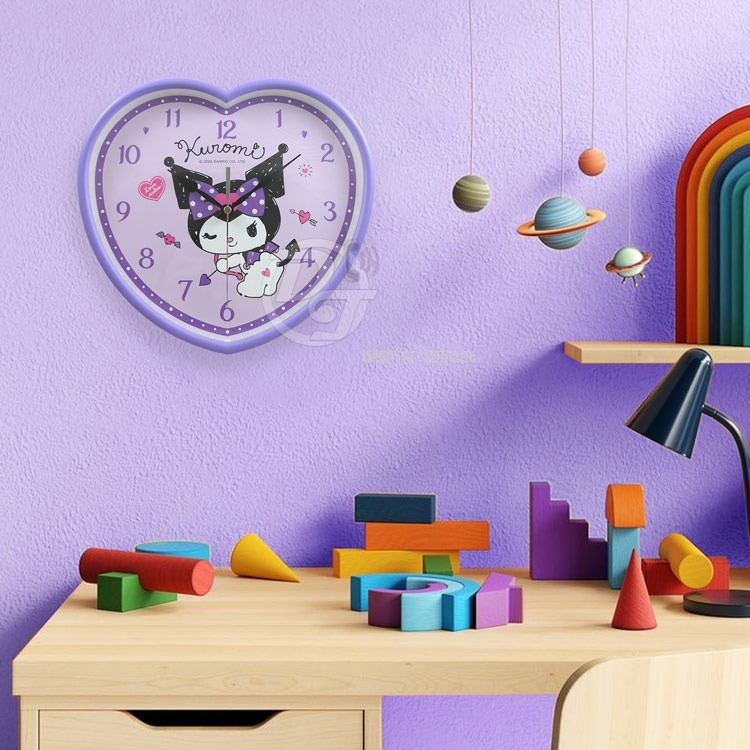Hello KittyKUROMI小惡魔蝴蝶結紫漾愛心靜音掛鐘 JM-W567KU-A-細節圖3