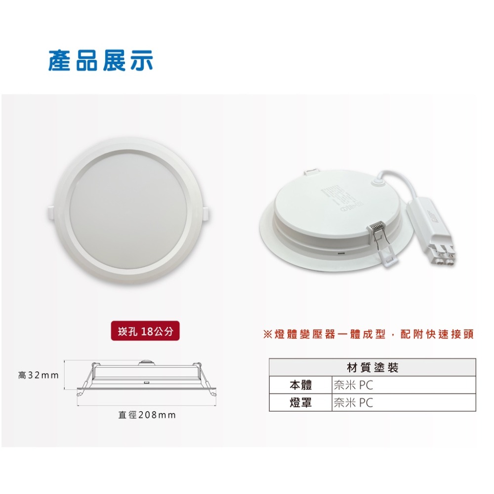 【奇亮科技】東亞 25W LED 嵌燈《開孔 18公分》附快速接頭 全電壓 漢堡燈 崁燈 嵌孔18cm 180mm 含稅-細節圖2