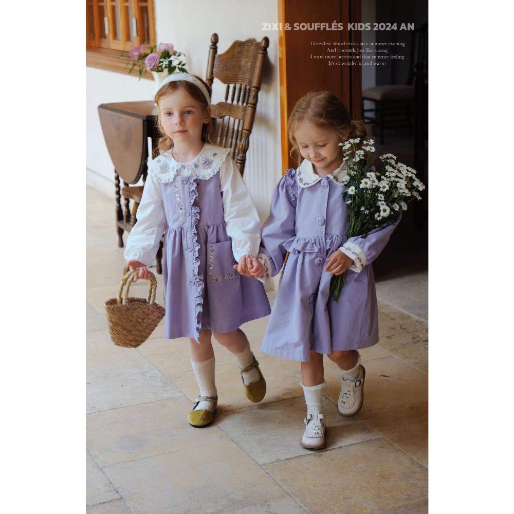 韓版紫色花朵刺繡娃娃領風衣外套·110碼［荳荳童心飾界］-細節圖3