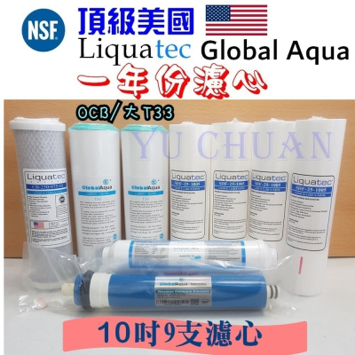 頂級高效能 9支 一年份濾心 棉質5微米PP/大T33/CTO/75G RO膜/小T33 活性碳 逆滲透 第二道OCB