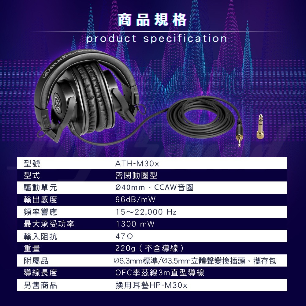 鐵三角 ATH-M30x 專業型 監聽 耳罩 頭戴 耳機 耳罩耳機 公司貨-細節圖7