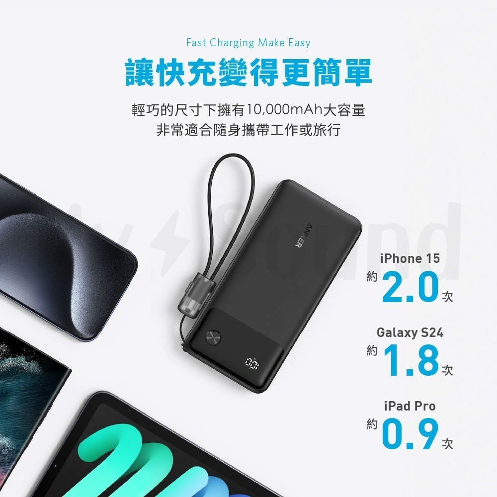 ANKER 22.5W 10,000mAh自帶Type-C線 行動電源 (1A1C充電孔) (A1388)-細節圖2