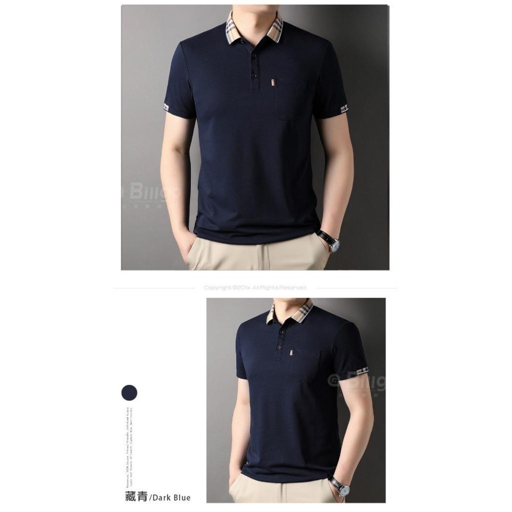 【Billgo】台灣現貨⚡蠶絲格紋領口袋短袖男POLO衫-4色 M~3XL碼【TX163201】休閒夏天短袖男上衣-細節圖7