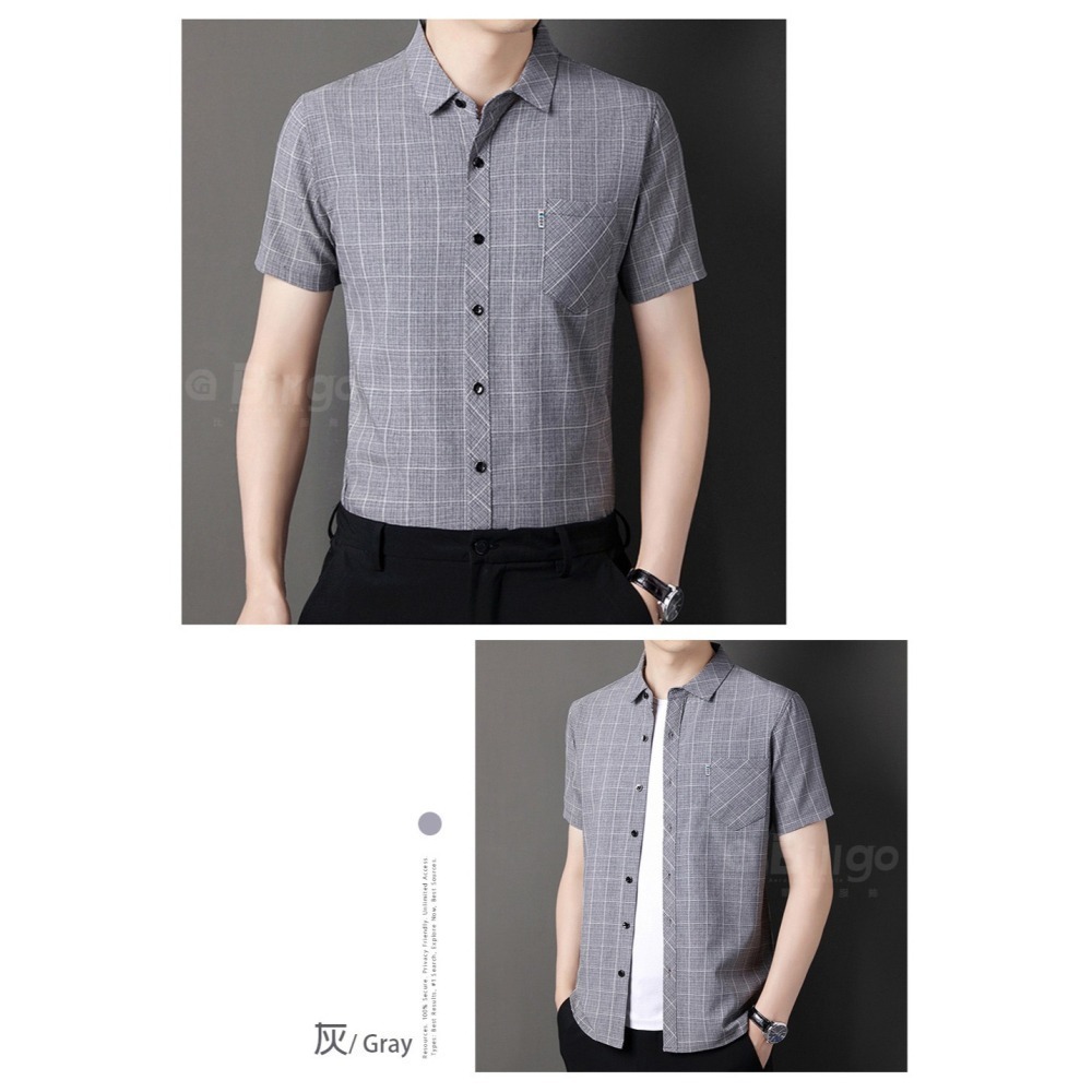 【Billgo】現貨⚡涼爽格子口袋短袖襯衫-4色 M~4XL碼【TX163401】棉麻彈力春夏男短袖上衣-細節圖6