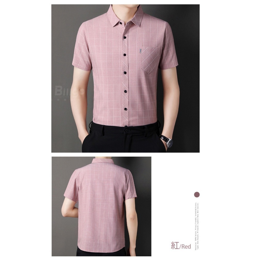 【Billgo】現貨⚡涼爽格子口袋短袖襯衫-4色 M~4XL碼【TX163401】棉麻彈力春夏男短袖上衣-細節圖7