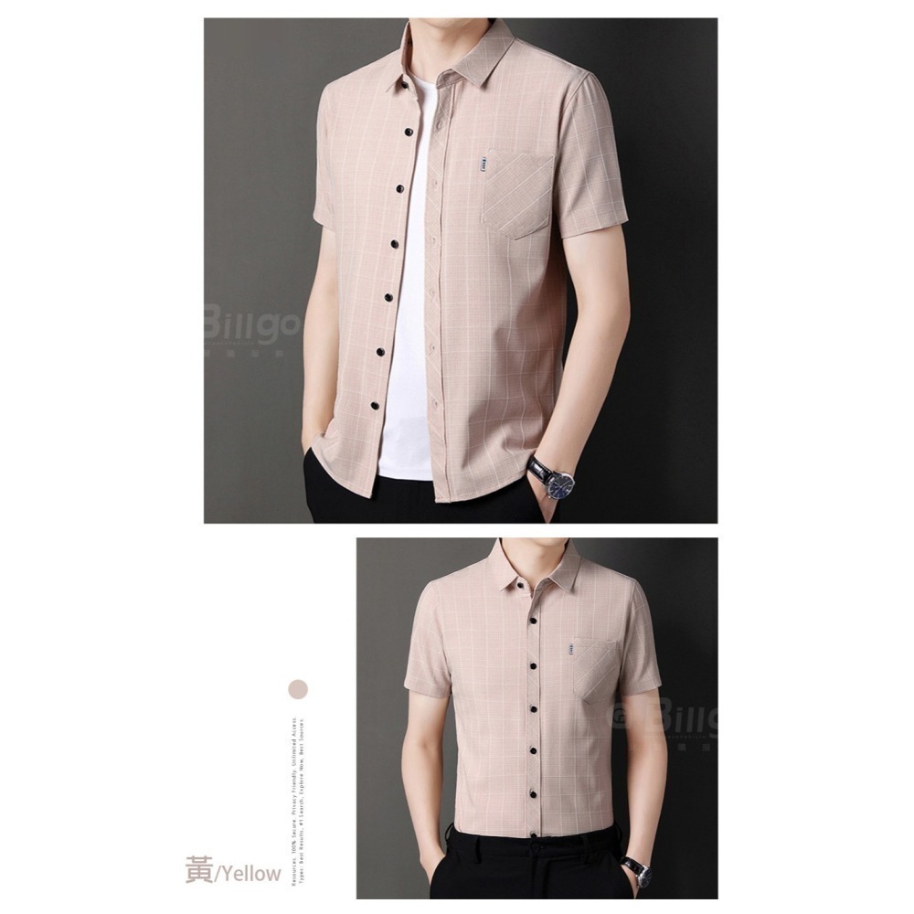 【Billgo】現貨⚡涼爽格子口袋短袖襯衫-4色 M~4XL碼【TX163401】棉麻彈力春夏男短袖上衣-細節圖8