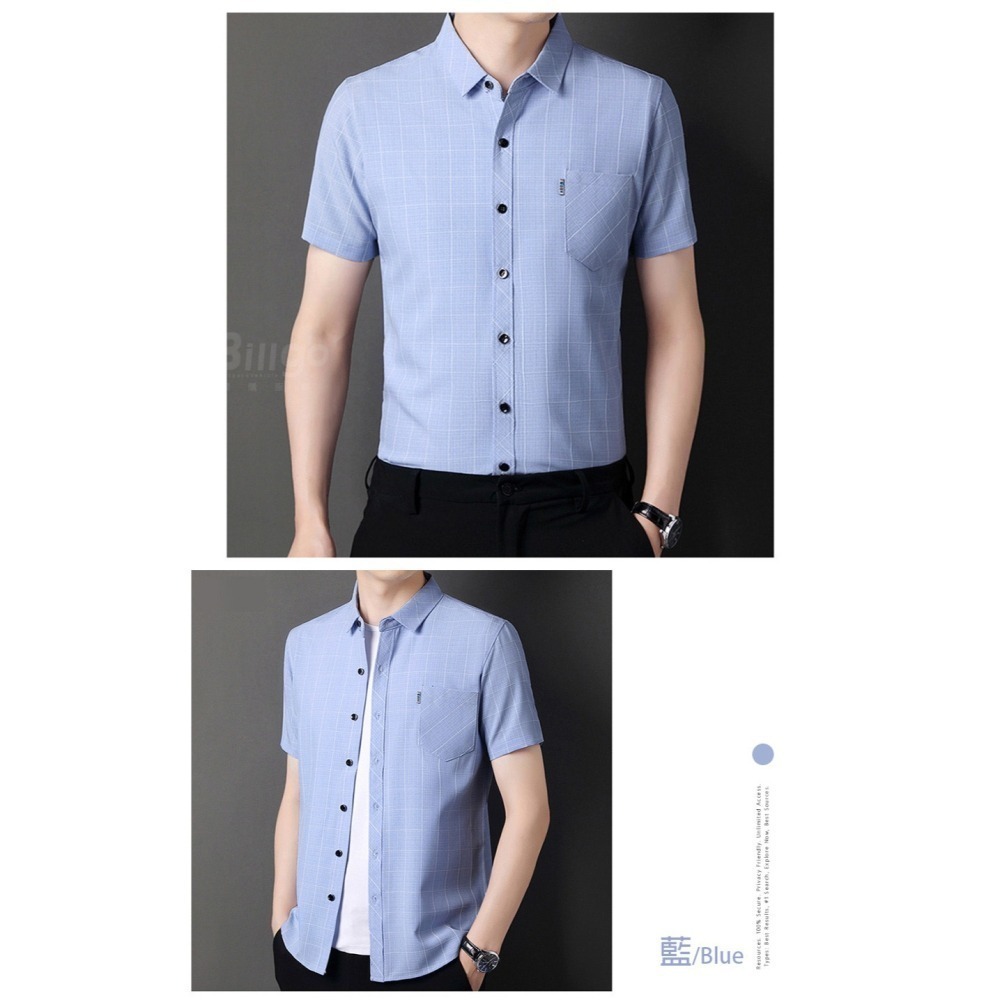 【Billgo】現貨⚡涼爽格子口袋短袖襯衫-4色 M~4XL碼【TX163401】棉麻彈力春夏男短袖上衣-細節圖9